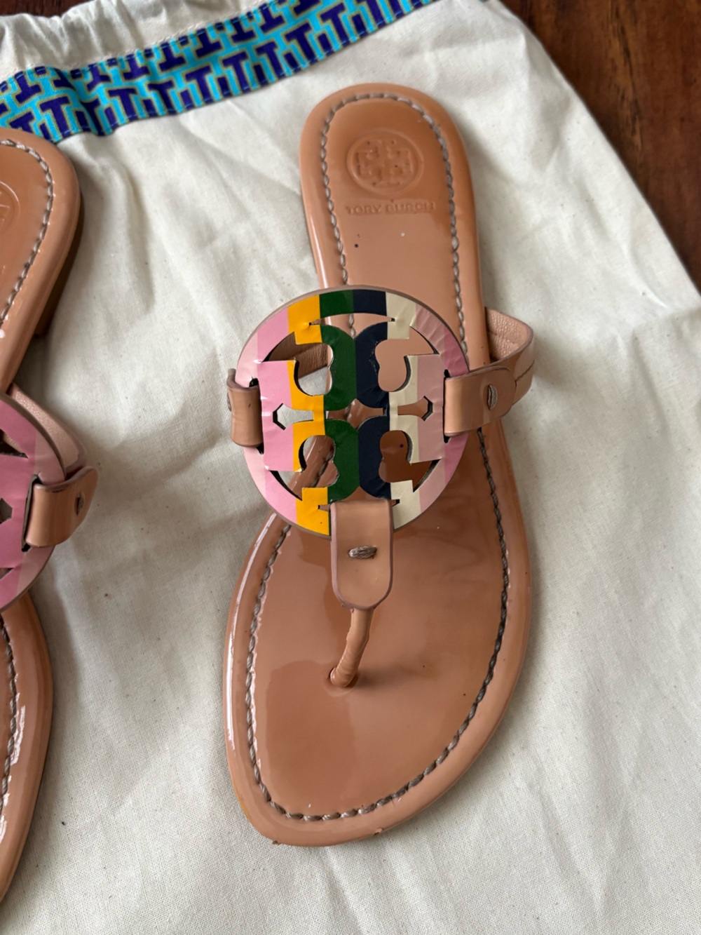 Tory Burch Nude Patent Leather Thong Sandals with Multicolor Logo with dust bag